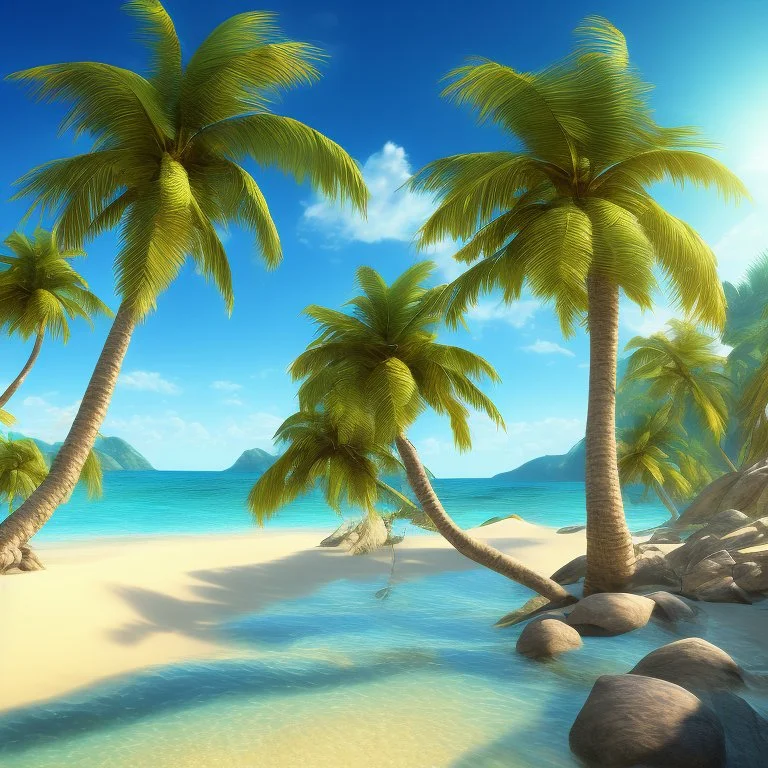 9. Generate an image of a sun-soaked beach with palm trees and crystal-clear water