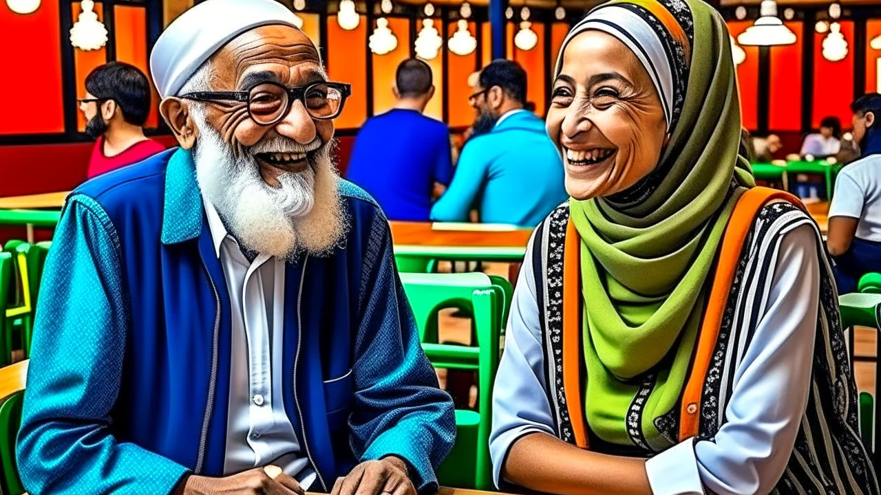 A 30-year-old teacher in the university cafeteria looks at an old man, 60 years old, sitting at another table next to hers. Egyptian complexion. The teacher is happy. The teacher is veiled.