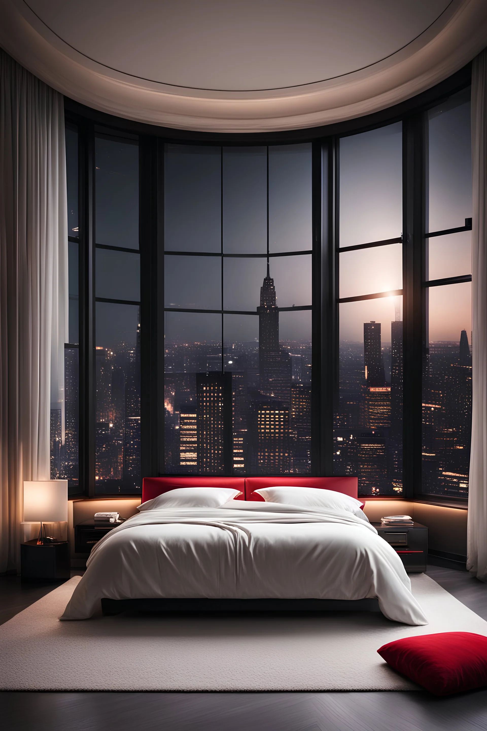 fancy, modern, luxury, bid bedroom, minimalism, royal, gols, black, white, red, big window overlooking fancy big city at the night