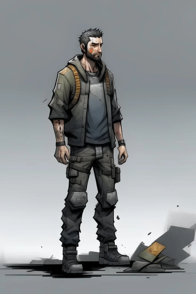 man, , full body, looking serious, comic book, post-apocalypse, grey background