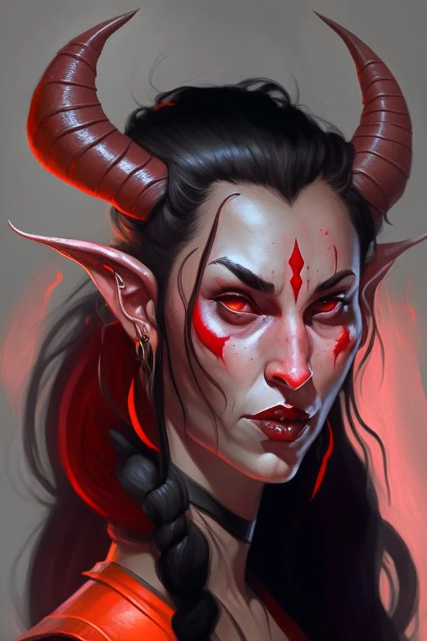 Portrait of a female Tiefling bard with bright red skin, two horns emerging from her forehead and long black hair with sidebangs and a ponytail.