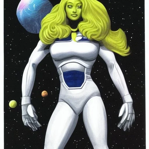 [Samus Aran] wearing a power suit, in space, by Richard Corben