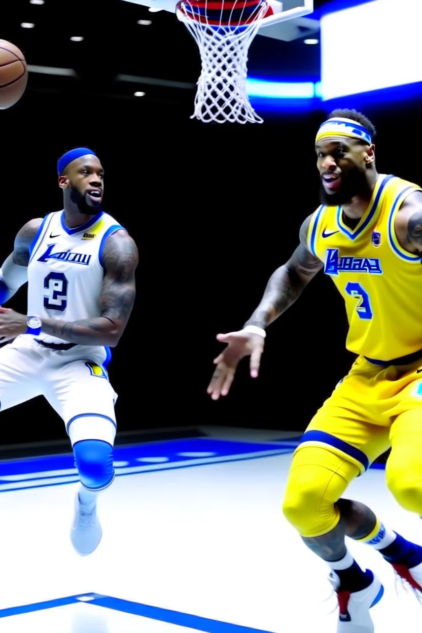 lebron james in space with steph curry and a basketball dunking with ja morant