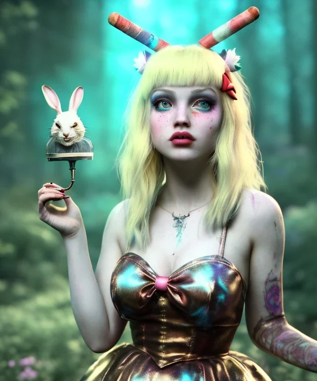 Ultra realistic wonderland photo, hot, happy blonde Alice woman and white rabbit smoking a pipe, blue dress, circus dress style, black headband with bow, old school tattoo, smoke, marijuana garden, glow eyes, perfect iris, soft color, highly detailed, unreal engine 5, ray tracing, RTX, lumen lighting, ultra detail, volumetric lighting, high definition.