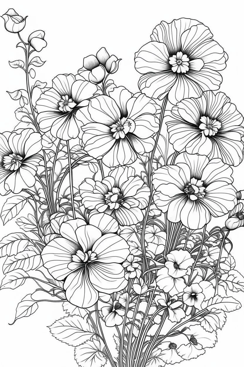 Outline art for coloring page, AVANT GARDE DRAWING OF A GARDEN OF PANSY FLOWERS, coloring page, white background, Sketch style, only use outline, clean line art, white background, no shadows, no shading, no color, clear