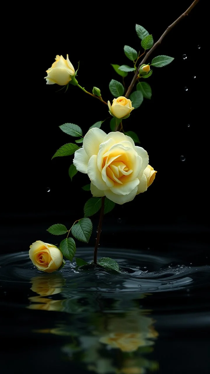 The image is a digital artwork that depicts a branch of tree of Yellow roses and leaves tangling in to a water in the river with aThe rose floats on the surface of the water, creating a wave-like effect. The background is black, which makes a branch of a tree of white roses stand out even more. Water droplets are scattered adding to the dreamy, ethereal quality of the image. The a