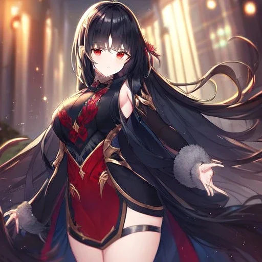 Clear focus, high resolution, black long fluffy hair, red eyes, wearing a detailed outfit