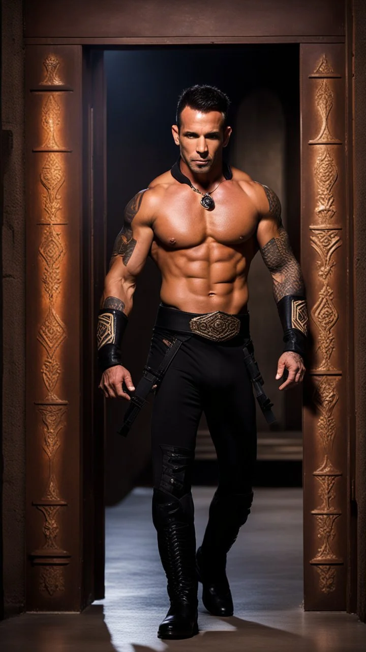 Jason David Frank as a Very muscular alpha male with short hair and tribal tattoos. wearing a black designer suit , standing in a doorway