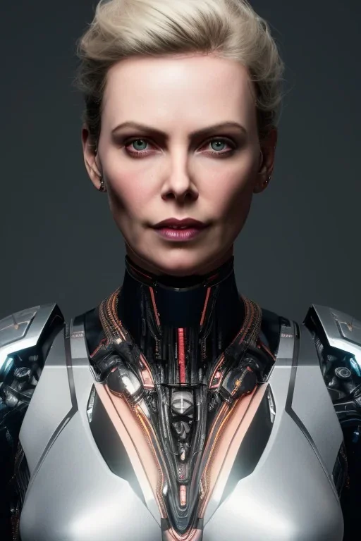 portrait full body, robot scifi with face charlize theron, intricate, many lights in body, eyes lights, highly detailed, highli quality, 8k, volumetric lighting