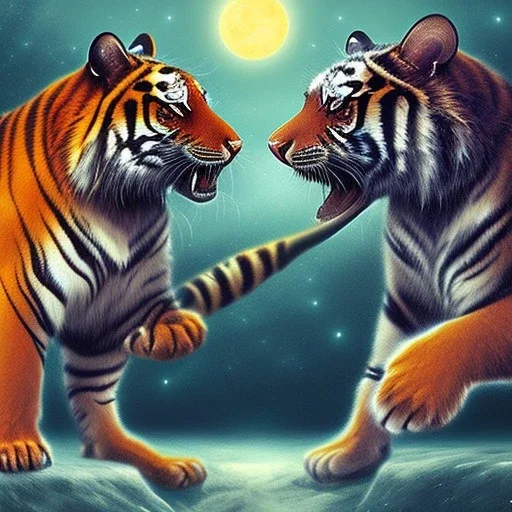 Two Tigers Fighting Each other in night with full moon