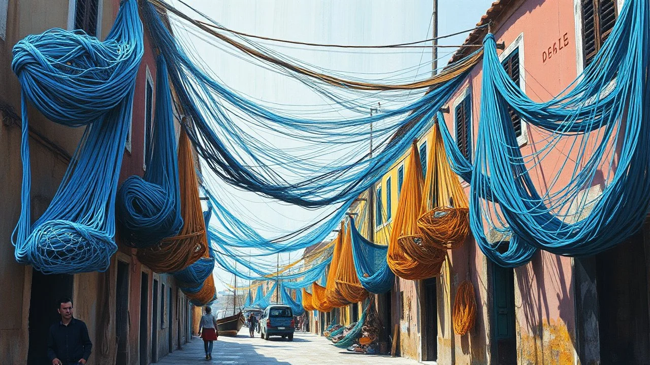 Calle de pescadores con redes colgadas donde las cuerdas se convierten en líneas sinuosas de azul y marrón, la composición se organiza en bloques superpuestos que desafían la profundidad, colores arbitrarios que vibran por contraste y trazo gestual que captura la resistencia y la comunidad mediante la autonomía del color.