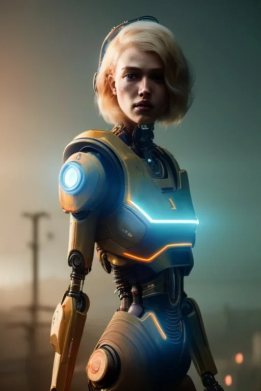 Beautiful portrait of blonde post-apocalypse robots in a cyberpunk city, sci-fi fantasy style, 8k,dark