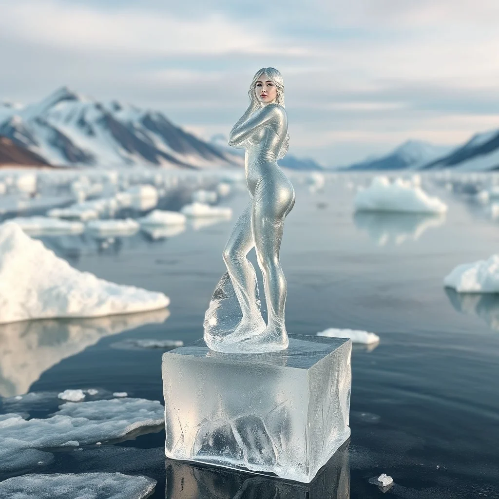 in a frozen sea with pretty mountains a full lady ice statue in artist pose standing over a ice block looking at camera, of clear glass like ice that going to melt and water drops fall from all body.