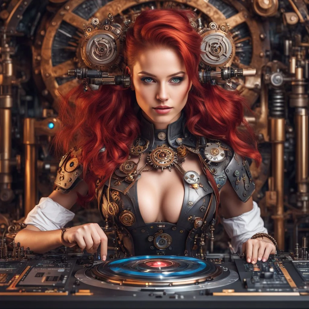 Front view half body gorgeous Realistic Photography beautiful super model Russian as playing Dj player with body full mechanical steampunk cyborg realistic beautiful woman hyper detailed, red hair