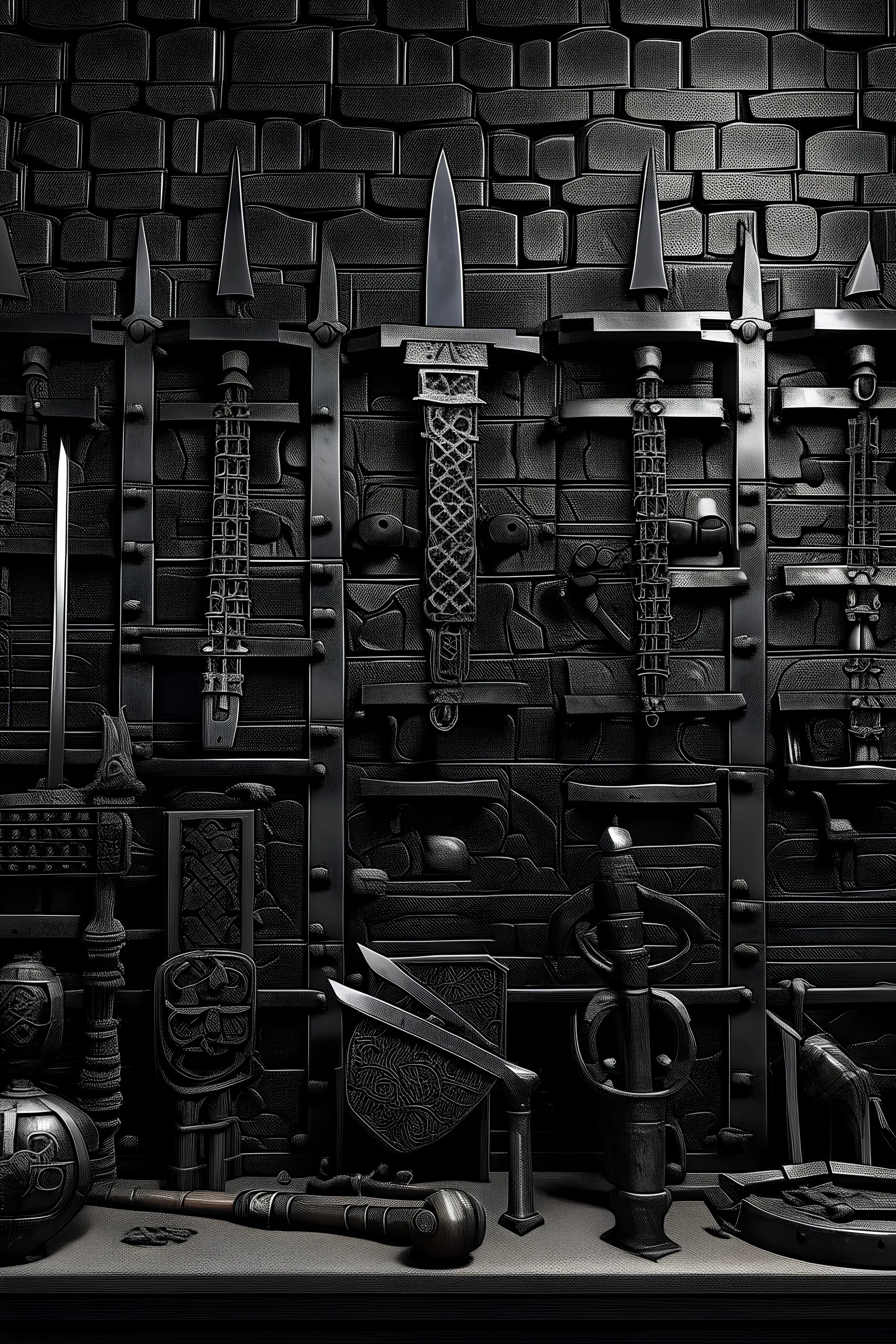 dark stone wall with victorian pistols, swords, crossbows, armour