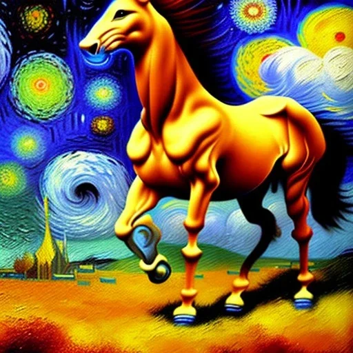 Dibujo al oleo de un caballo con nubes de colores estilo Vincent van Gogh