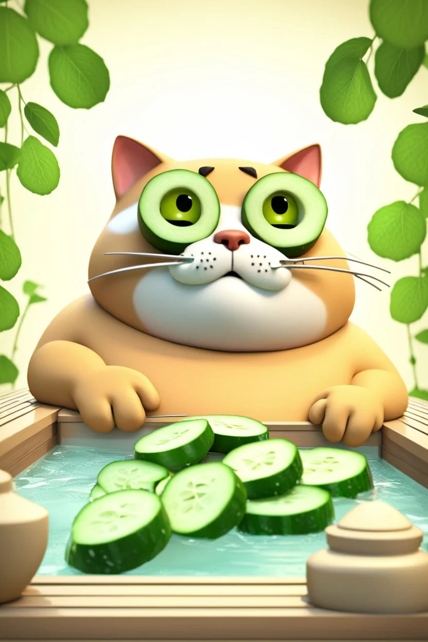 A fat cat getting a message in a spa, with cucumbers on eyes, relaxing,3d animation ,funny