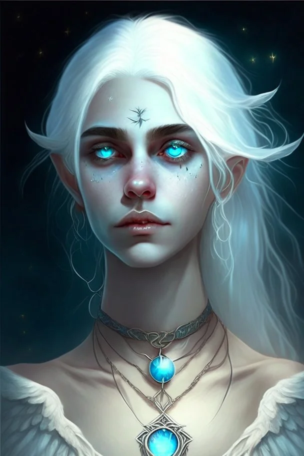 hauntingly beautiful character for dnd, young woman with white hair and blue eyes, angel, with moon necklace