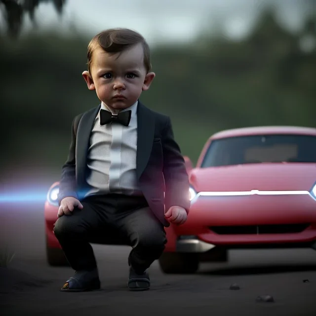 James bond toddler, full body, car, dramatic lighting, hyper realistic