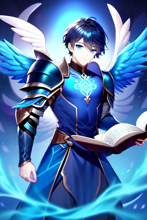 a person in runic armor with blue wings, blue short hair, runic tattoo and spell book, male