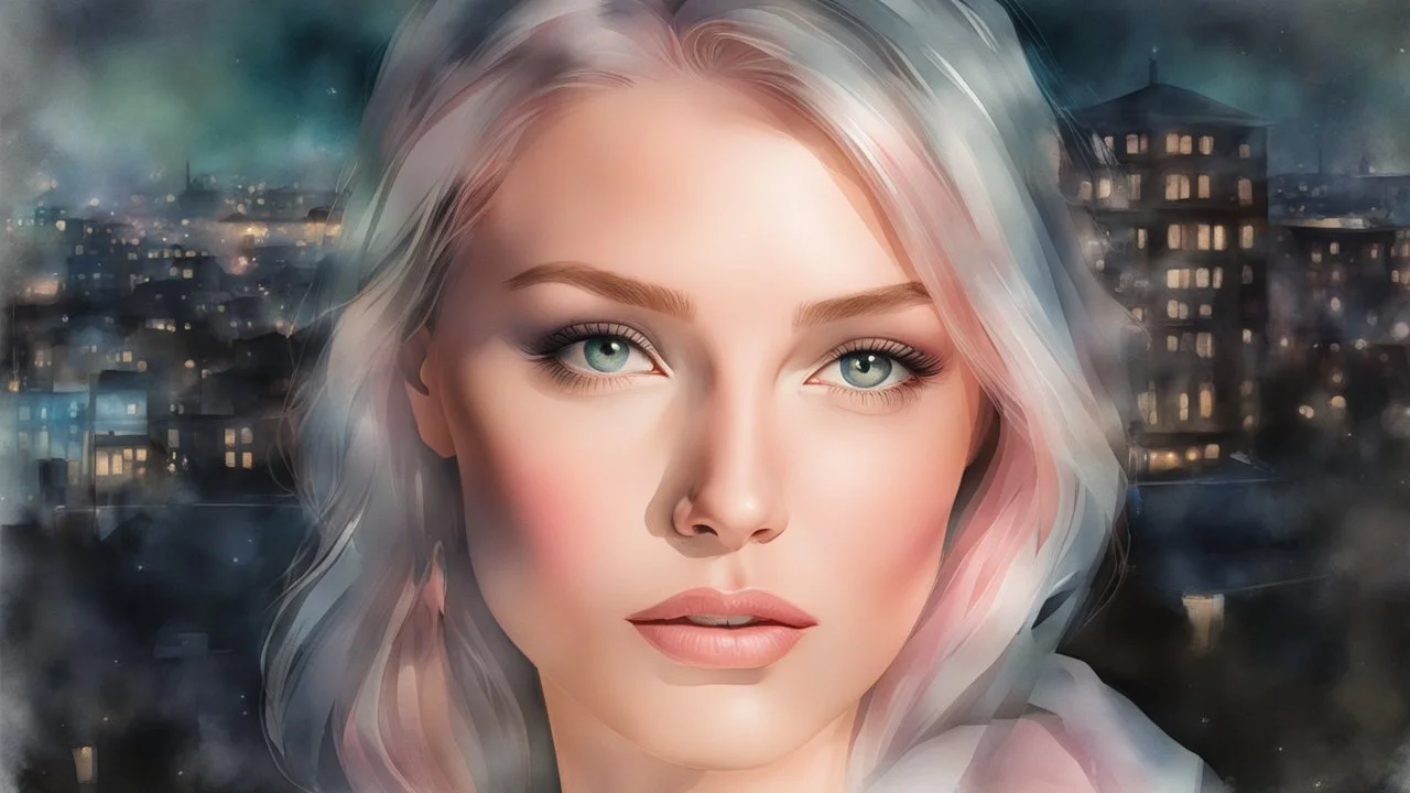 woman, night, city, watercolor, glow, transparency, lumen, professional photo, 3d, 64k, high resolution, high detail, computer graphics, hyperrealism, f/16, 1/300 s. highly detailed digital painting, double exposure, colors: white, silver, gray, delicate pink, delicate green, delicate blue, beige, delicate lace, pastel photorealistic painting, watercolor, tenderness, pastel,