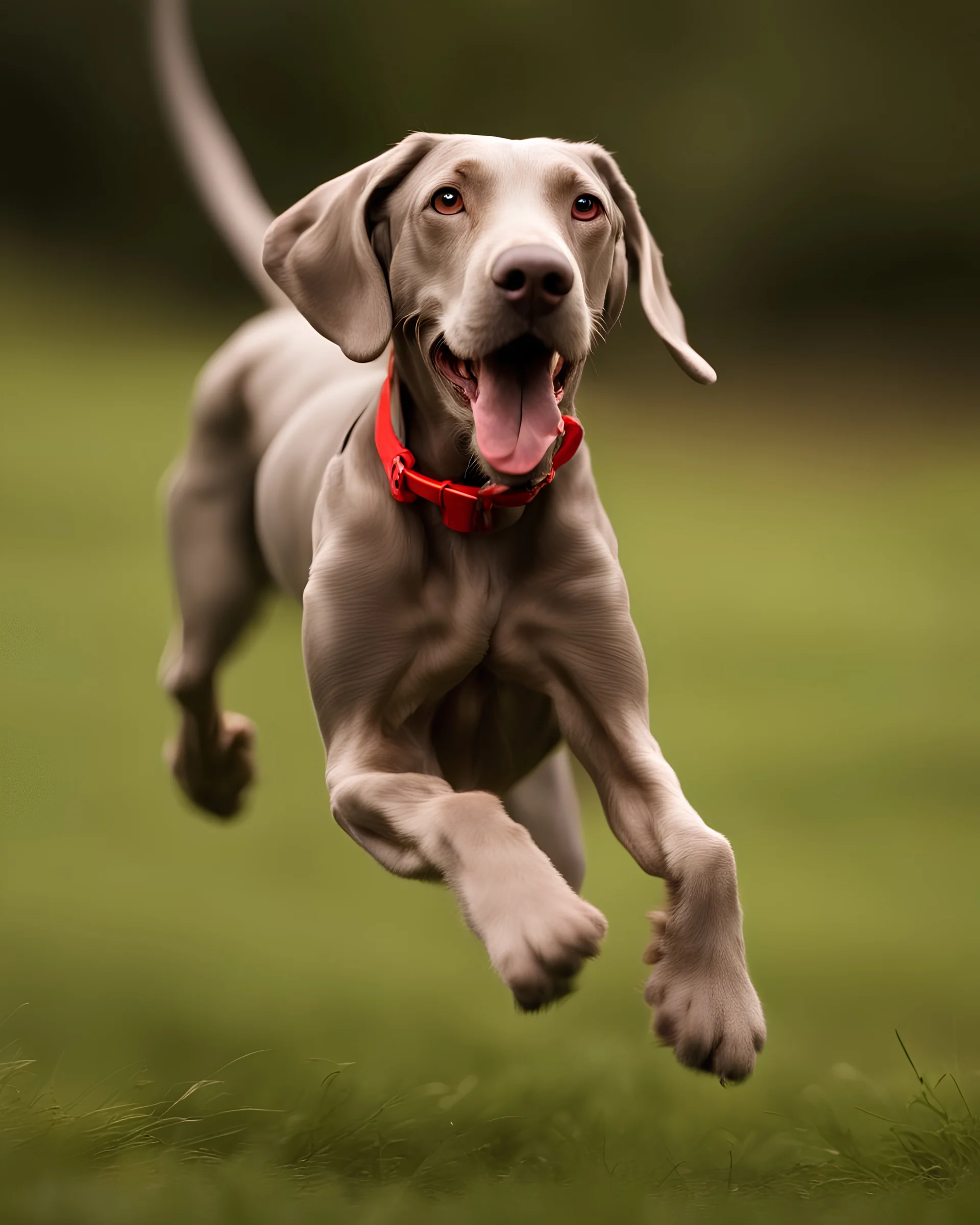 Encourage the Weimaraner to jump or leap while holding a fluffy toy, capturing a dynamic and playful moment against the white background. Realistic, ultra sharp, realistic photo, 8K, high definition,