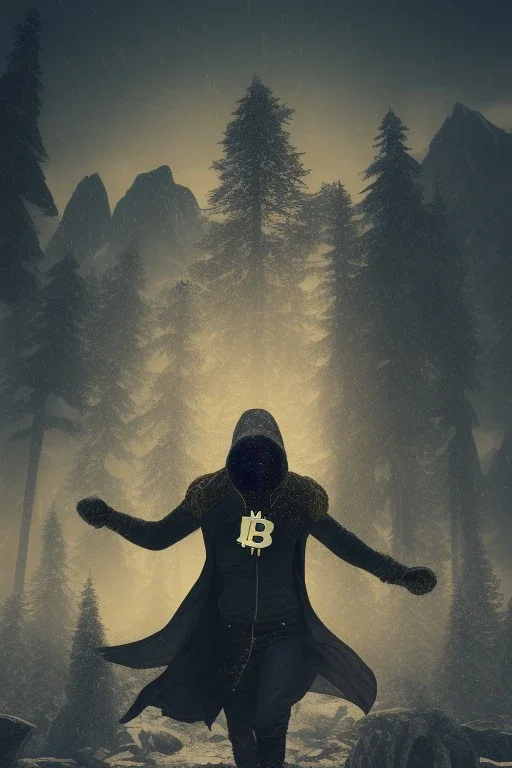 running berserker portrait , no face, black jogging suite , in the night Alps , holding bitcoin , angels background, volumetric gold light, high detail, dark leaf tree, dark mountains in background, perfect