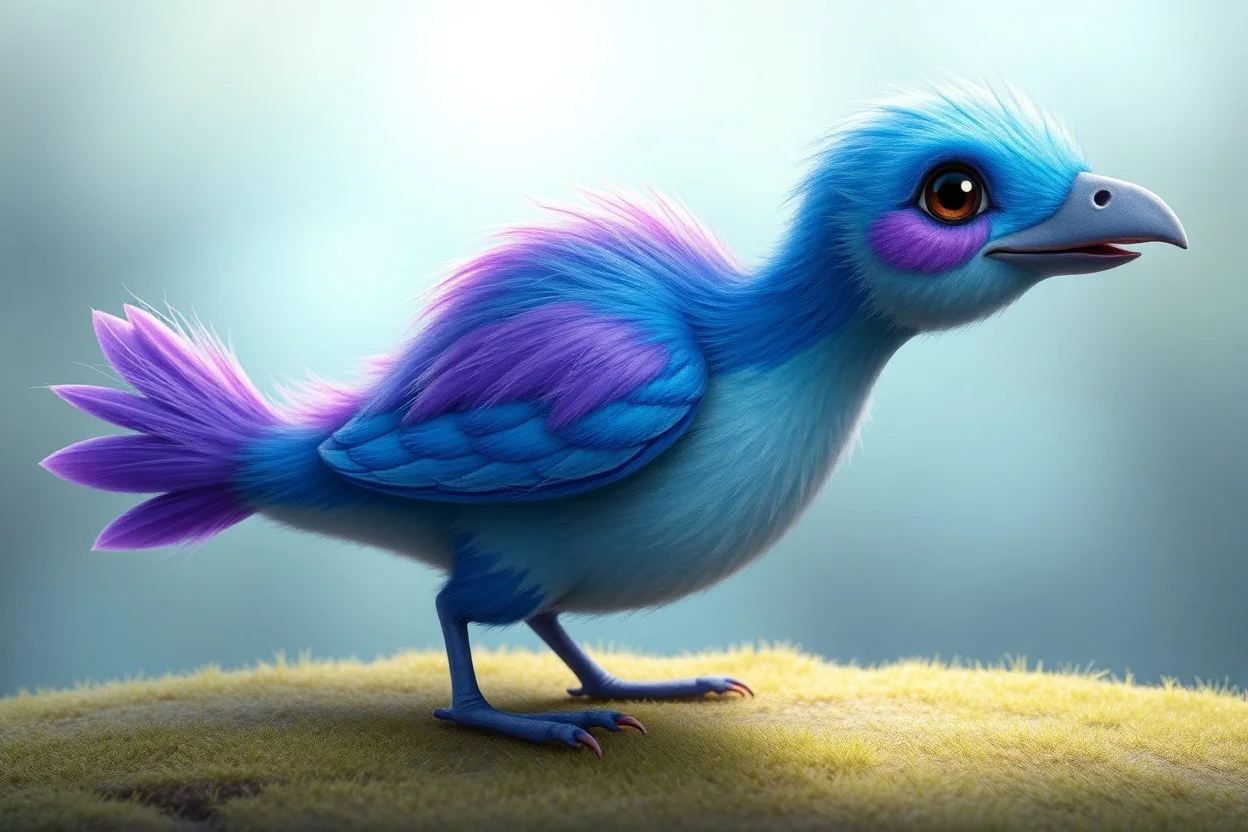 adorable blue and purple bird, elongated like a dino and fluffy like in an dreamlike animation, with a mole face, and no beak