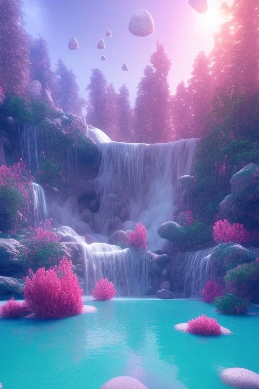 lac turquoise, rocher avec mousse, fleurs rose et blance, cascade, petit dome, etoile filante, cristaux, vray