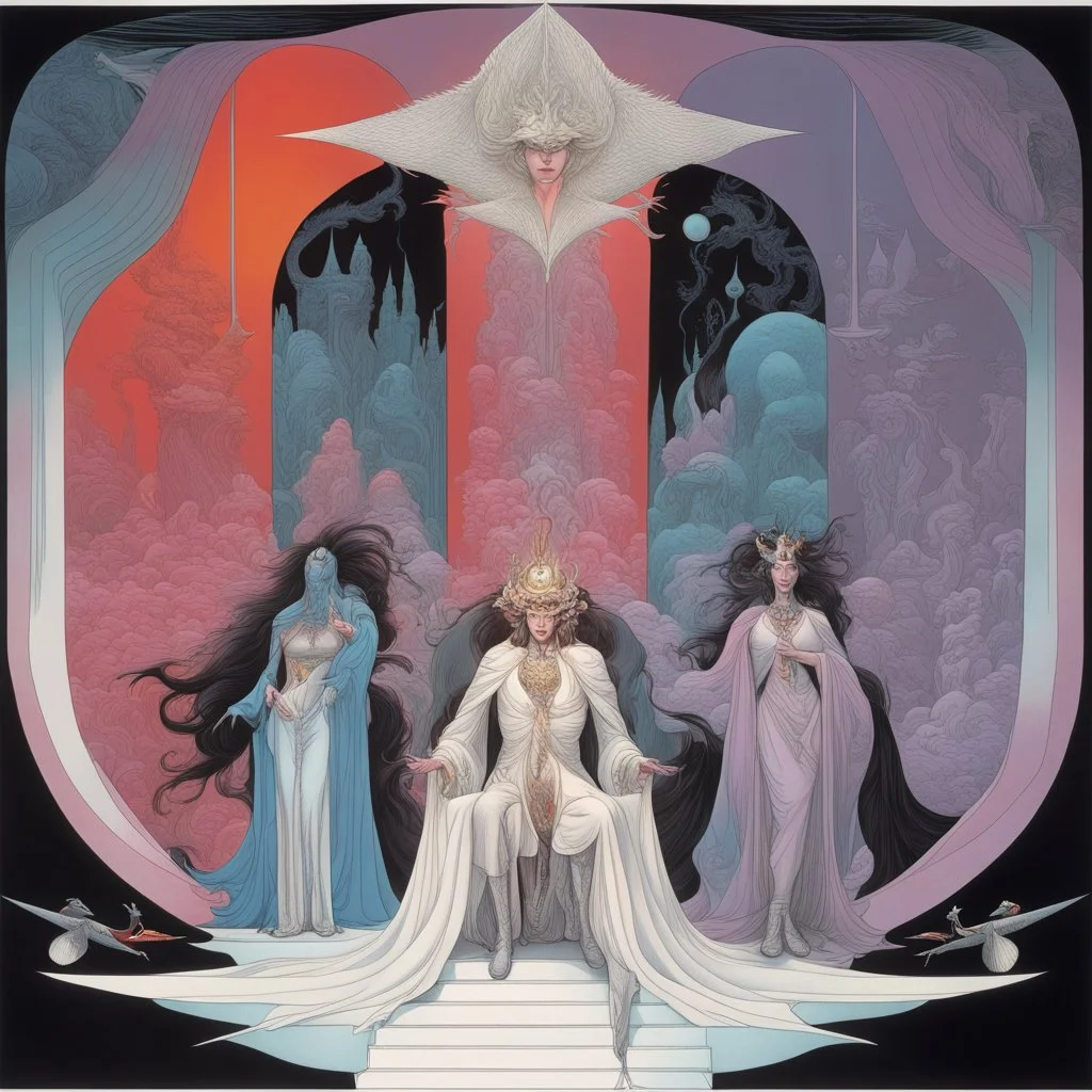 Trade-offs of the Intangible Queens court dreamscape, expansive asymmetry, neo surrealism, by Derek Riggs, by Gerald Scarfe, liquid color ink illustration, dark brooding colors, color pop.