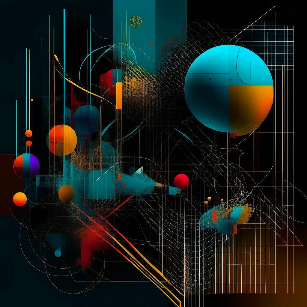 Precise geometries and line graphs, violent colors, abstract surreal art, by Ray Johnson and Victor Pasmore and Petros Afshar, mind-bending illustration, Braille code characters, UV x-ray warm colors, dark background, Sharp Contrast, dynamic composition