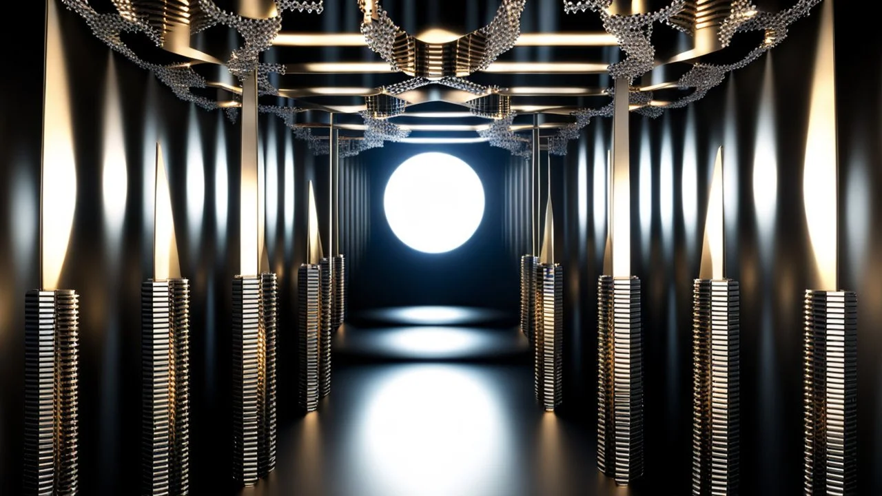 a 3D recursive stage structure made of metallic 3d fractal like stuctures, dynamic lights,16 by 9
