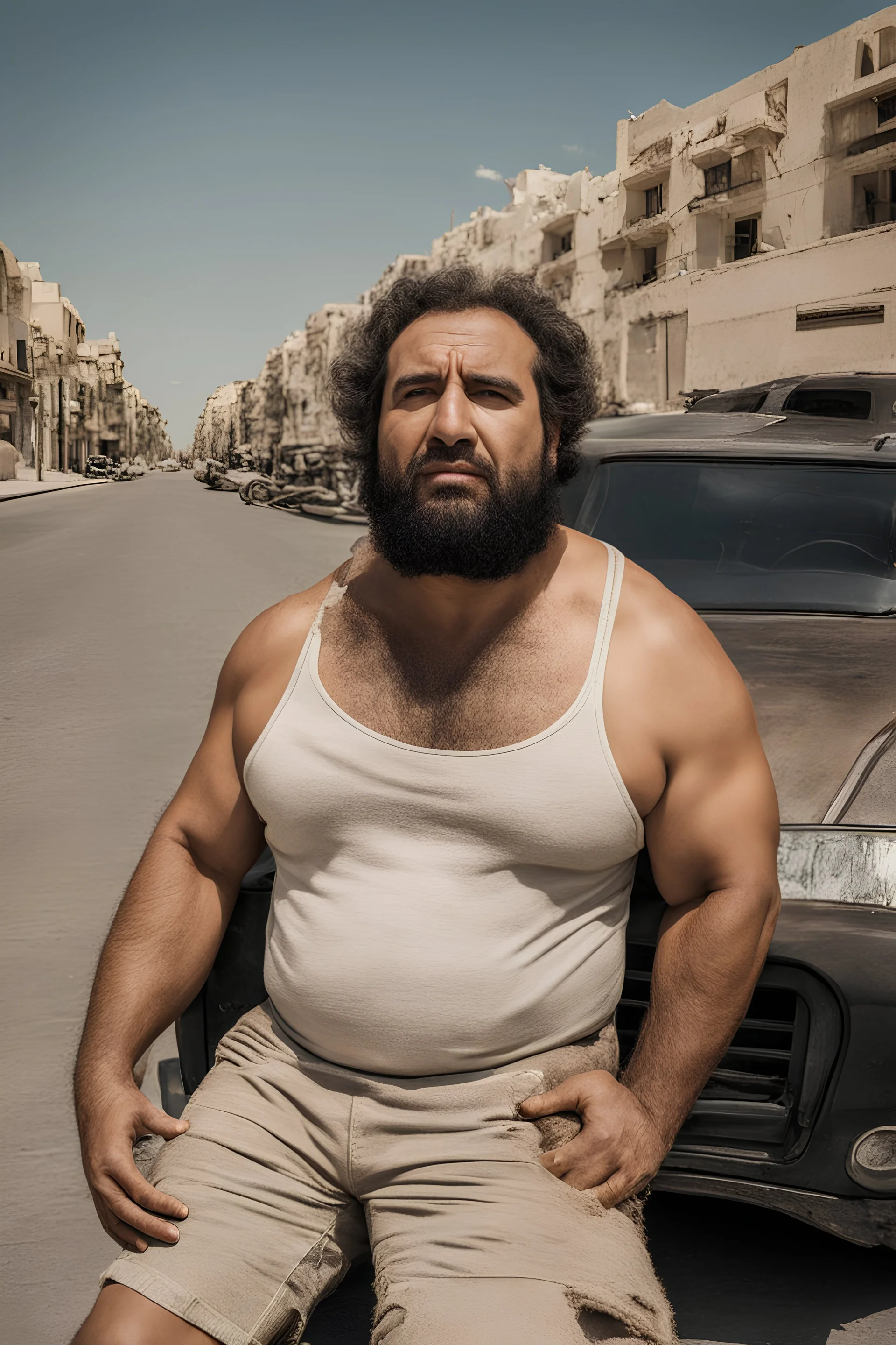 masculine muscular chubby burly mature arab man sunbathing, sitted on an empty street, 35 years old, ripped dirty tank top, bullneck, hands behind the neck, ripped dirty shorts, manly chest, very hairy, short beard, big shoulders, relaxed, photorealistic, well defined facial features, half figure photography, view angle from the ground