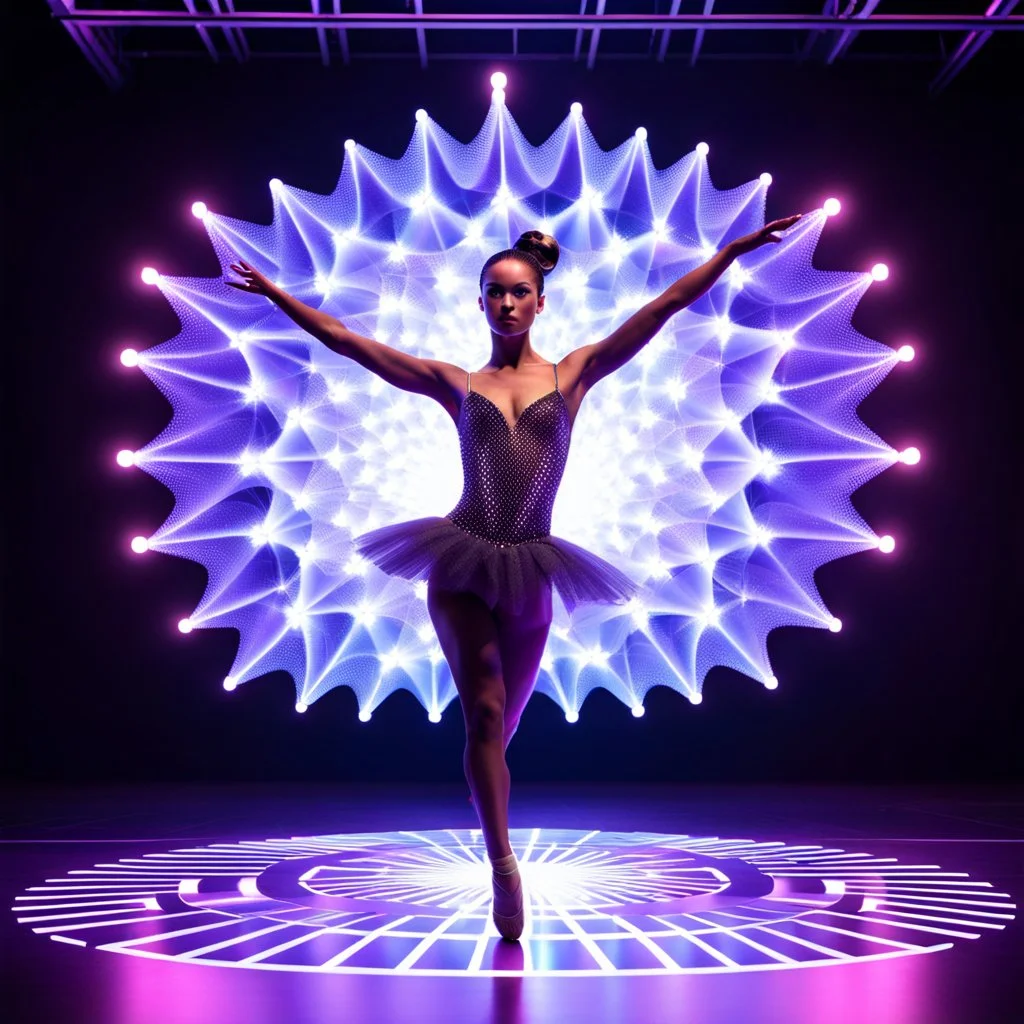 mocap graphic balerina in a recursive 3d fractal stage with disco lights