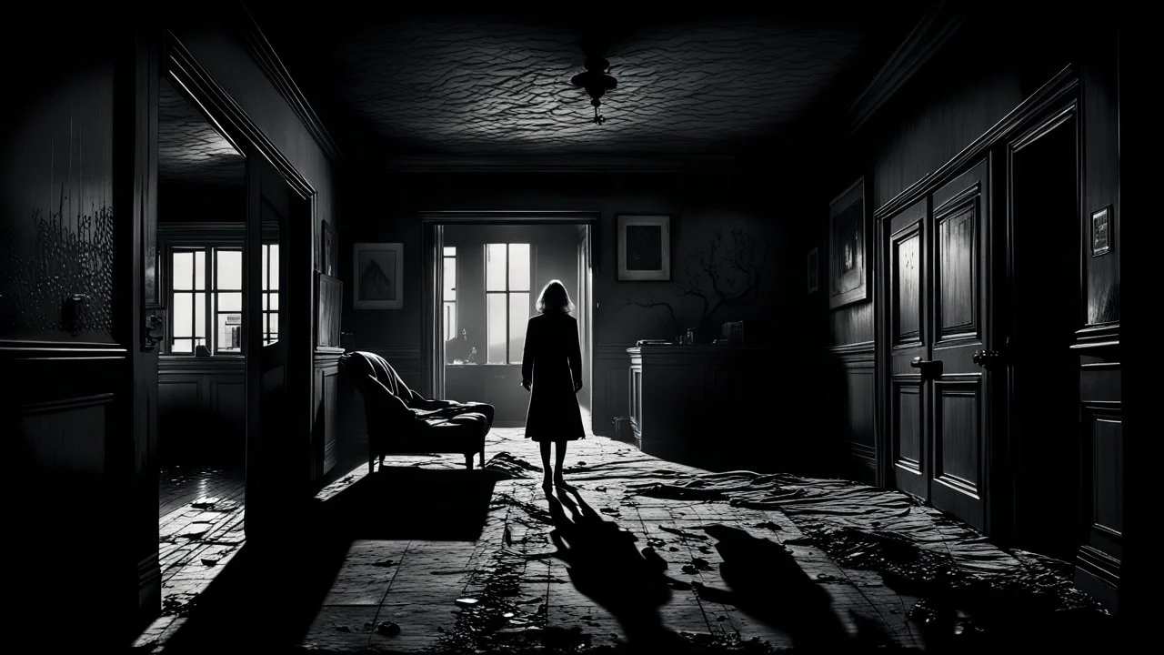 How could someone living on the second floor understand the misery of the one on the ground floor? high contrast, detailed, dark , noir, thriller, deep dark colors, gloomy, cinematic