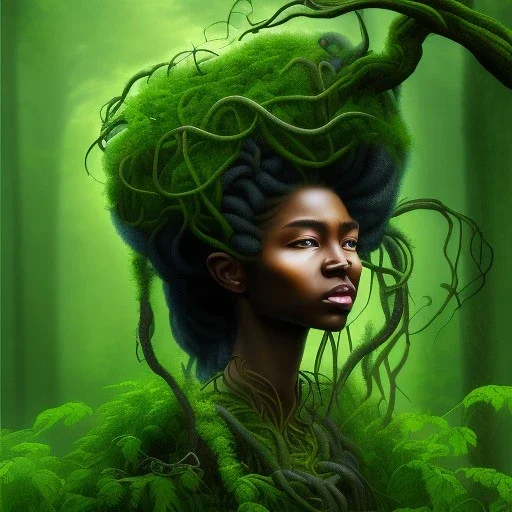 Painting .the face of A young black woman. A wood nymph emerging from the forest. Her hair looks like vines. Dreadlocs. Her skin is the colour of dark soil. Her skin looks like tree bark. Her clothing is made of vines, grass and leaves.