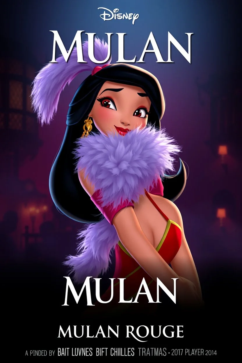 Movie poster text "Mulan Rouge", animated Disney Mulan character but dressed in burlesque garb with a feather boa, background is in a smoky French cabaret, animation, harshly satirical, movie poster aesthetic with title "MULAN ROUGE" and film credits on bottom