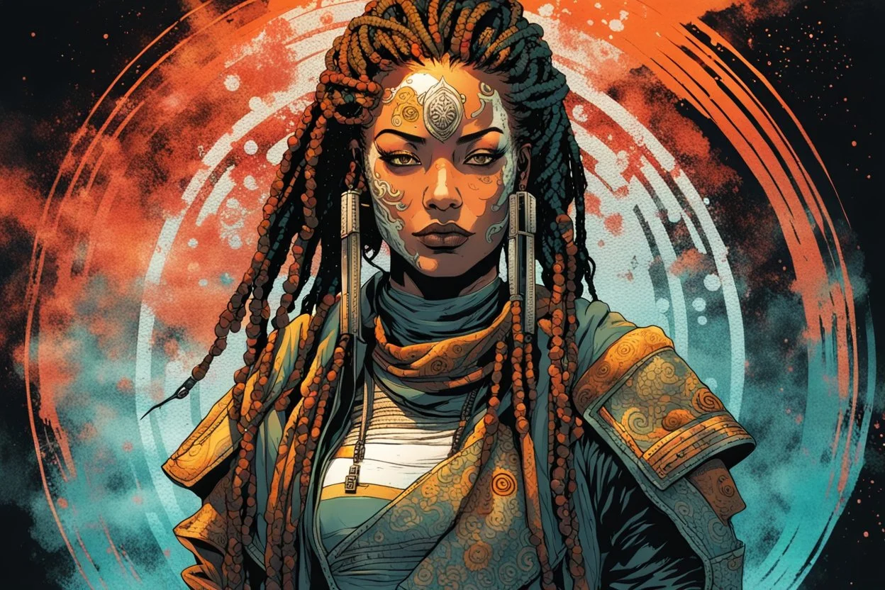 front facing portrait illustration of a grunge armored female , beaded dreadlock hair, cyberpunk vampire mercenary wearing an ancient ornate japanese kitsune mask , and shemagh, highly detailed with gritty post apocalyptic textures, caught in a cosmic maelstrom of swirling gases , finely detailed facial features and hair, in the graphic novel style of Bill Sienkiewicz, and Jean Giraud Moebius, ink wash and watercolor with realistic light and shadow