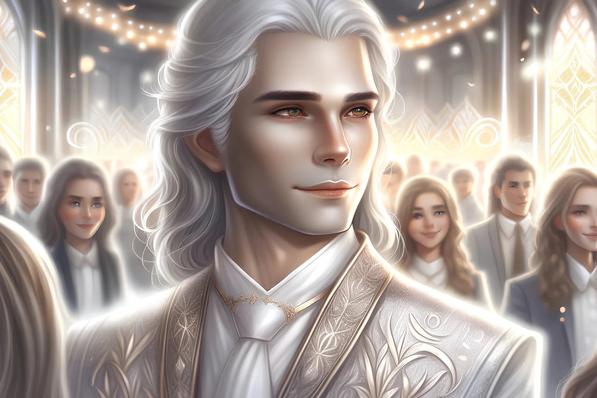 Charismatic, attractive, sexy, tanned young man -a prince with long, thick, white hair as snow, long hair, grey eyes, smirk, looking at viewer standing out amongst guests at a gala in his silvery clothes in light fabric. Wearing earrings and subtle makeup, and a simplistic crown of silver. clean shave, fantasy