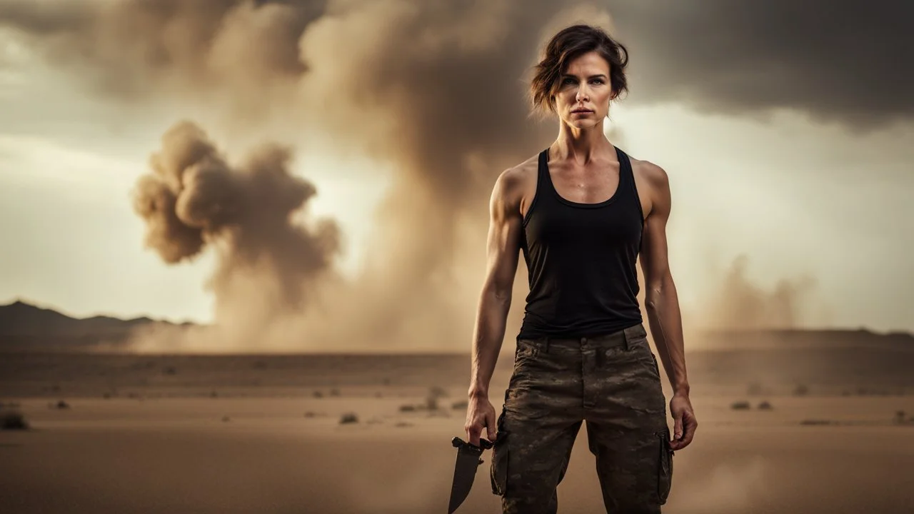 beautiful slender caucasian female technician with a small knife, black tank top, well toned muscles, weathered face, scratched sand camo metal details, short brunette wavy bob haircut, dystopian, desert scene with smoke and explosions, opponent is a giant muscular soldier