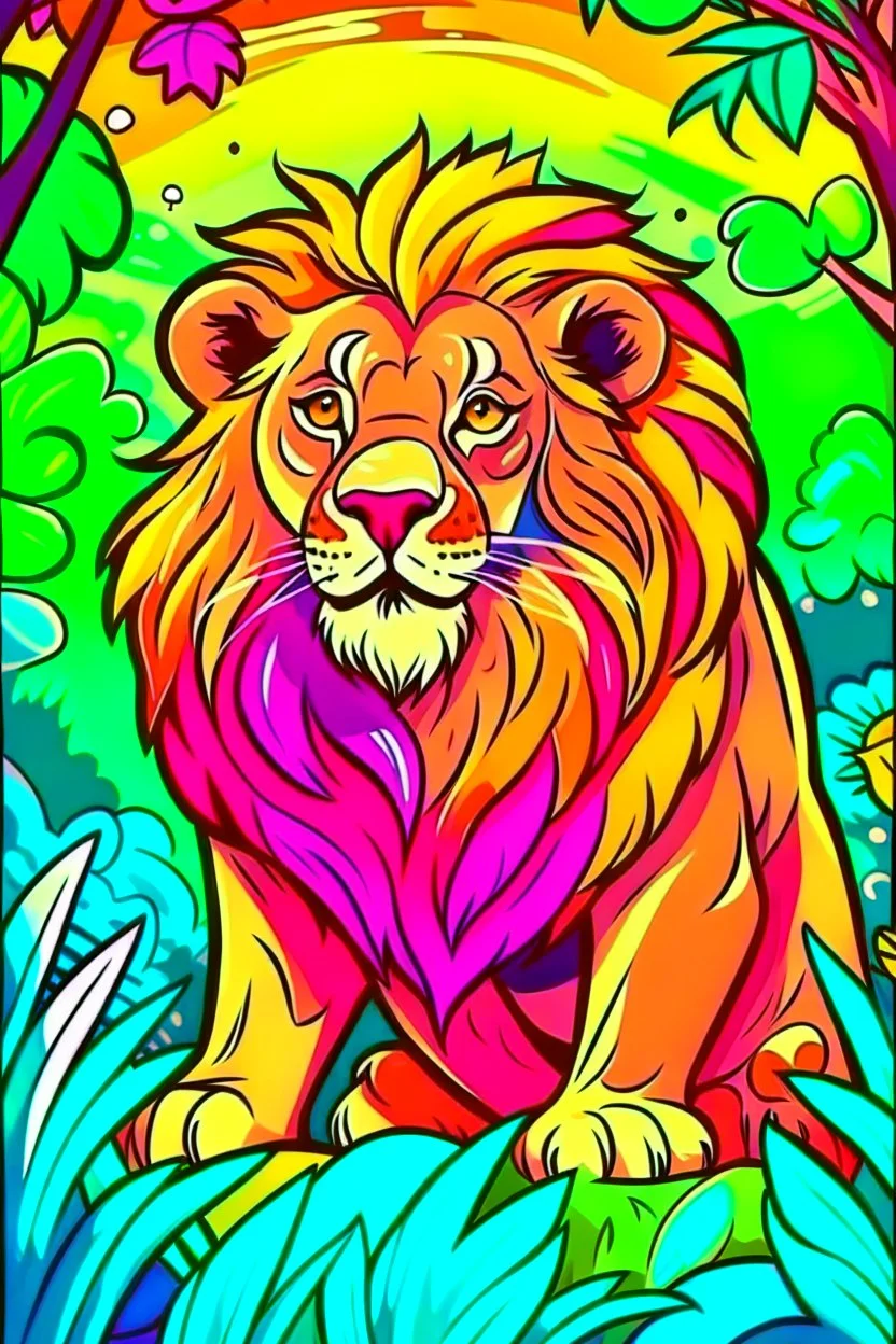 COLORED DRAW OF A LION ON THE JUNGLE, CARTOON STYLE, LOW DETAILS, THICK LINES