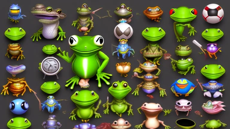 game sprite sheet of 30 images of stylized frog, view from six different angles covering 360°, collection sheet, arcade game, realistic