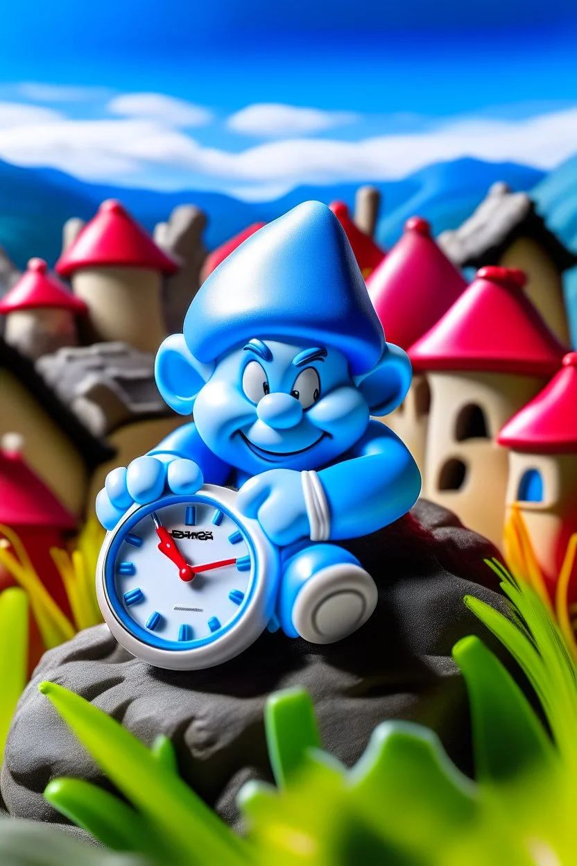 "Capture the essence of a classic Smurf Watch: A bright blue wristwatch with a white strap, featuring Papa Smurf's face on the dial, set against a backdrop of a whimsical Smurf village."