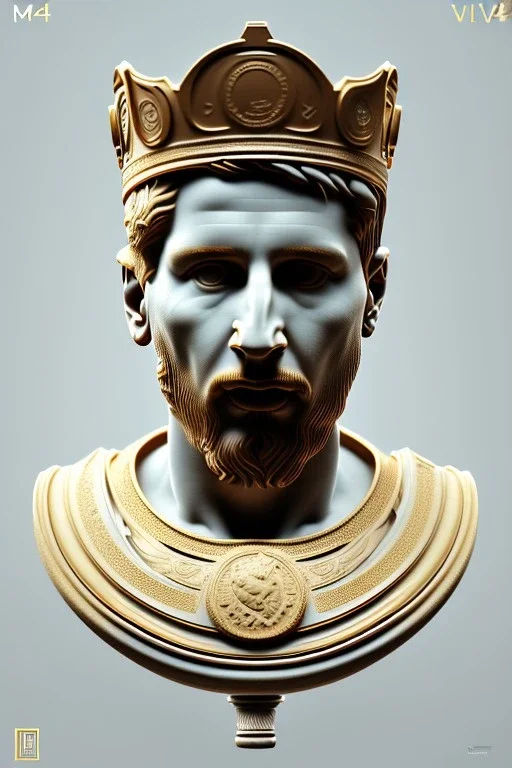 Ultra Realistic image, Roman sculpture, white marble material, Lionel Messi, sun radial crown, chisel style, waist up portrait, epic, celestial, gold, cinematic lighting, God light, god rays, 4k resolution, smooth details, ornate details, soft lighting, unreal engine 5, marble background.