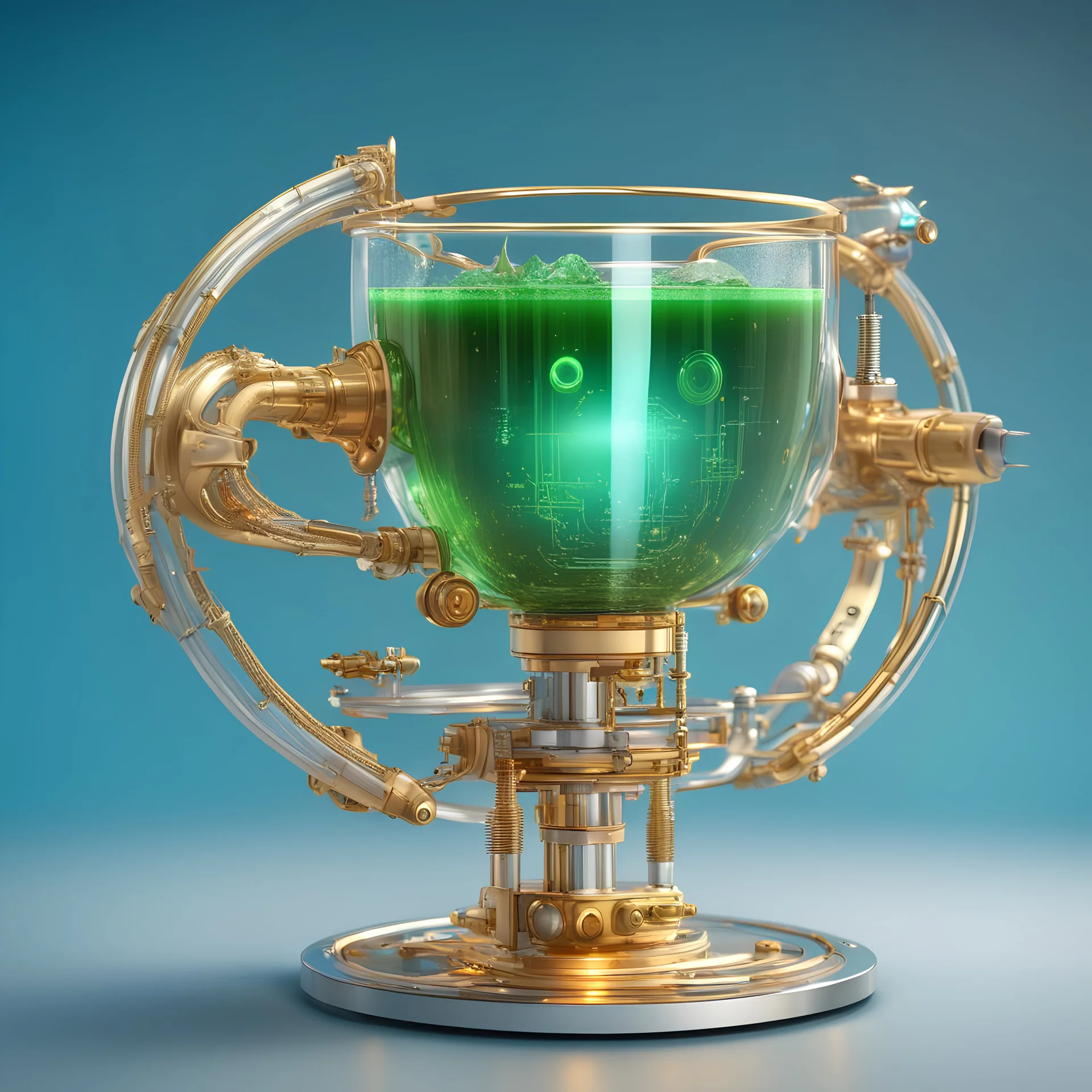 futuristic electronic flat transparent tea cup with a gold handle on a hydraulic cylinder,with a green drink inside,on four golden round legs with white silver dragon-shaped frame ribs, in a futuristic blue background, electronic displays, 3D, steampunk hang.