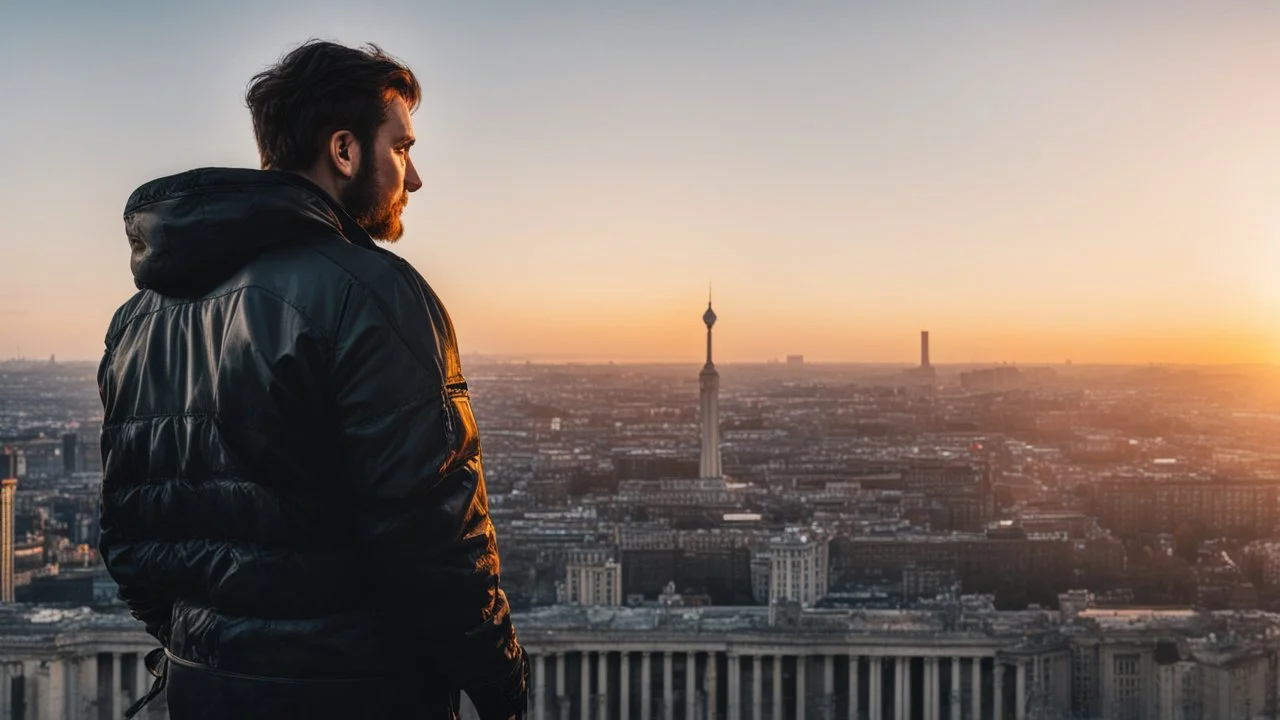 An Englishman in a bomber jacket standing to one side of a tall building looking across a city at sunset