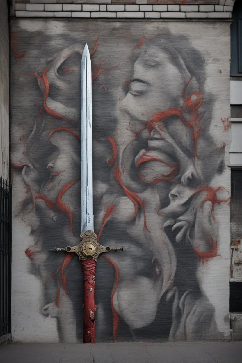 The sword of time will pierce our skins, It doesn't hurt when it begins, But as it works its way on in, The pain grows stronger watch it grin; Street Art; Controversial; Satirical; Supremely Detailed; Stupendous