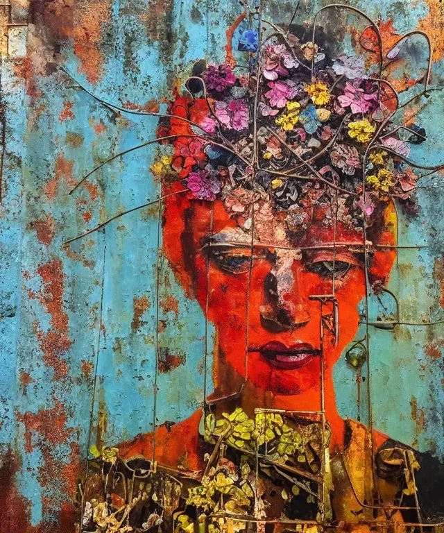  an abstract painting of rusted metal and flowers, african portrait, rust, scaffolding, iron cladding, decay, mixed media, textured, anatomically correct, beautiful perfect face, sharp focus, highly detailed, injured face