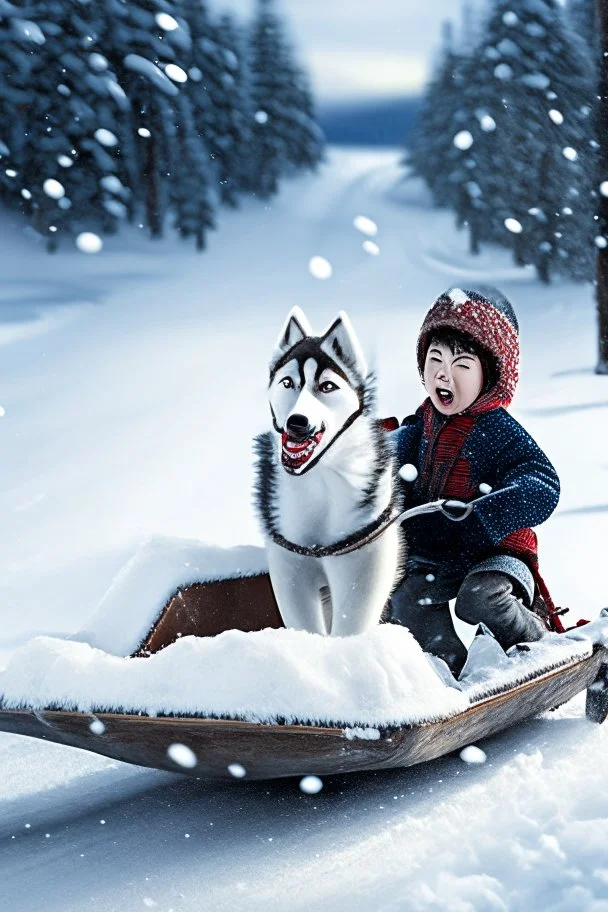 niño y niña viajan en un trineo tirado por un husky por un paisaje nevado