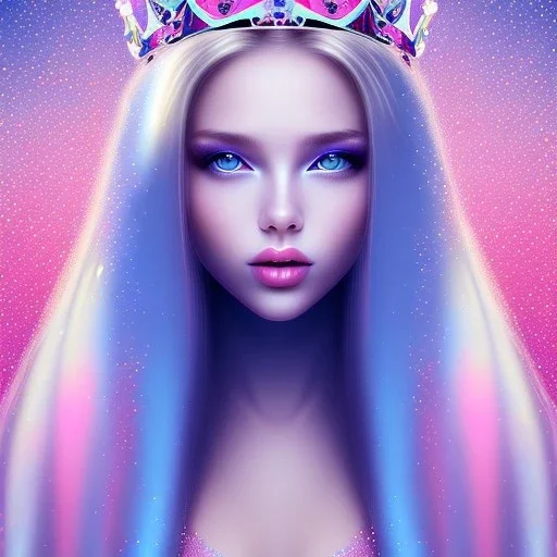 beautiful, soft, smiling,long straight blonde hair blues eyes, crown on the head, clothing in transparent bluish and pink veil, background brillante bluish and pink,